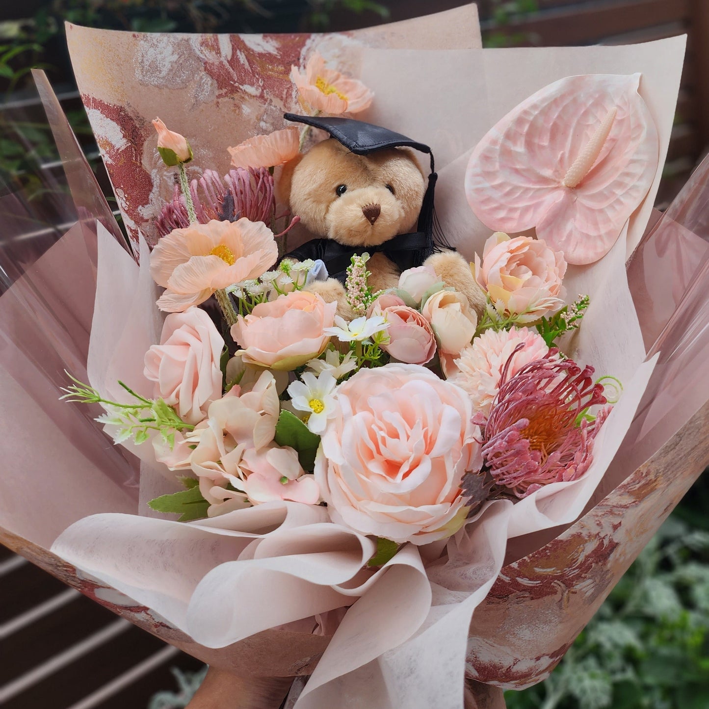 LIMITED EDITION BOUQUET WITH MEDIUM TEDDY BEAR GRADUATION BOUQUET
