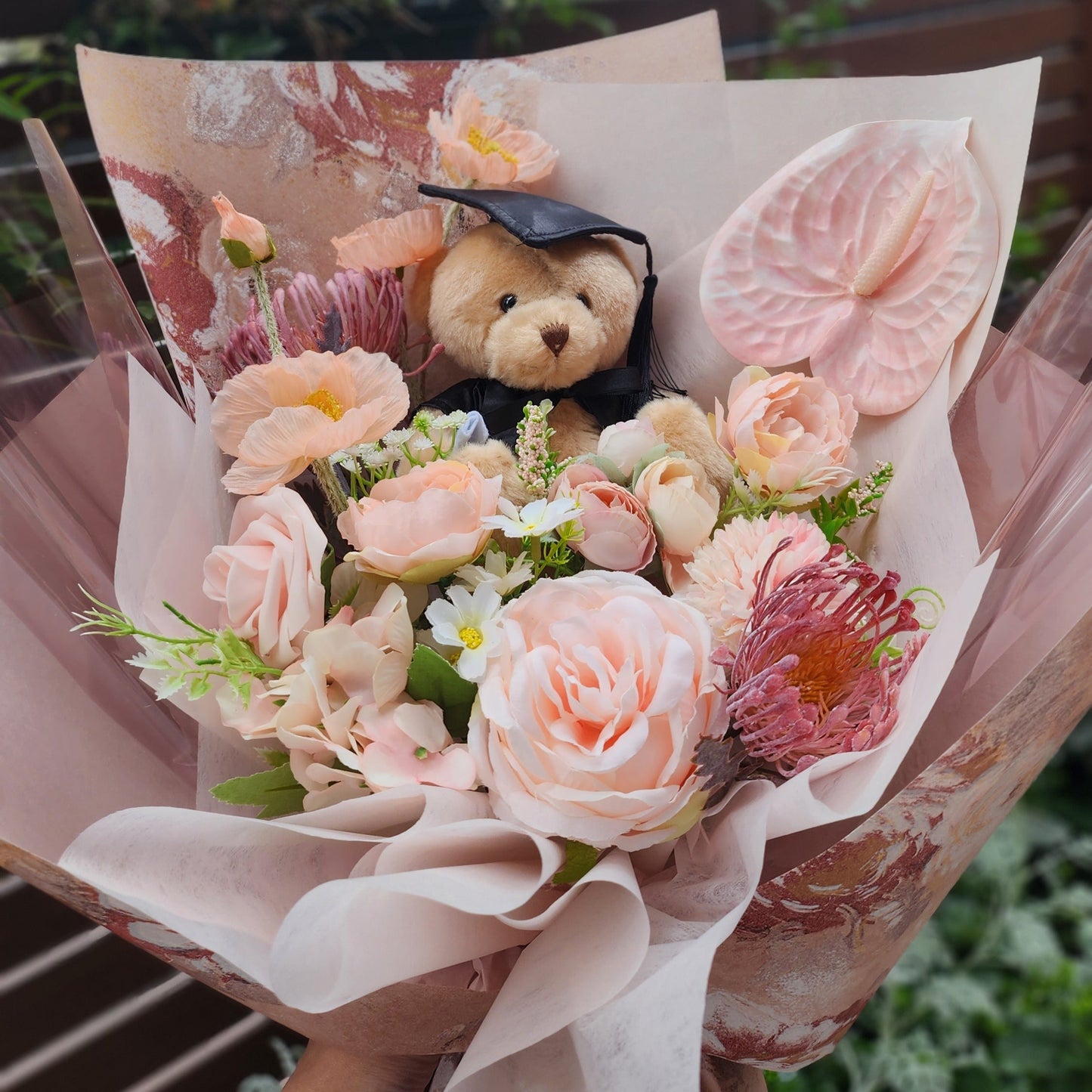 LIMITED EDITION BOUQUET WITH MEDIUM TEDDY BEAR GRADUATION BOUQUET