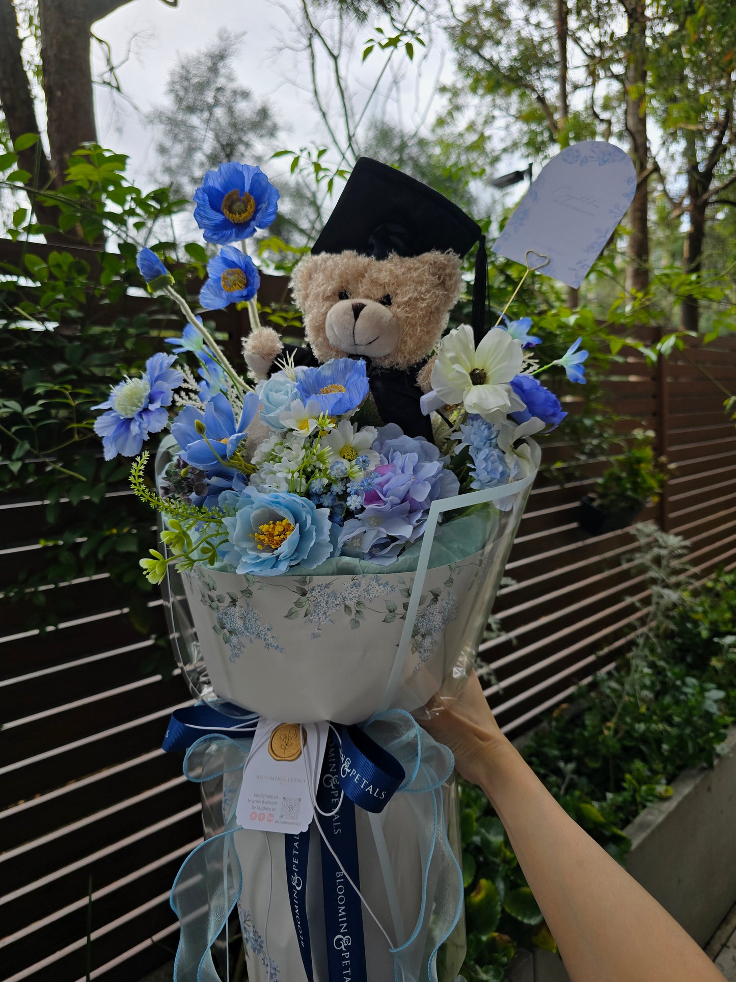 BLUE GRADUATION BOUQUET silk flower arrangement round bouquet