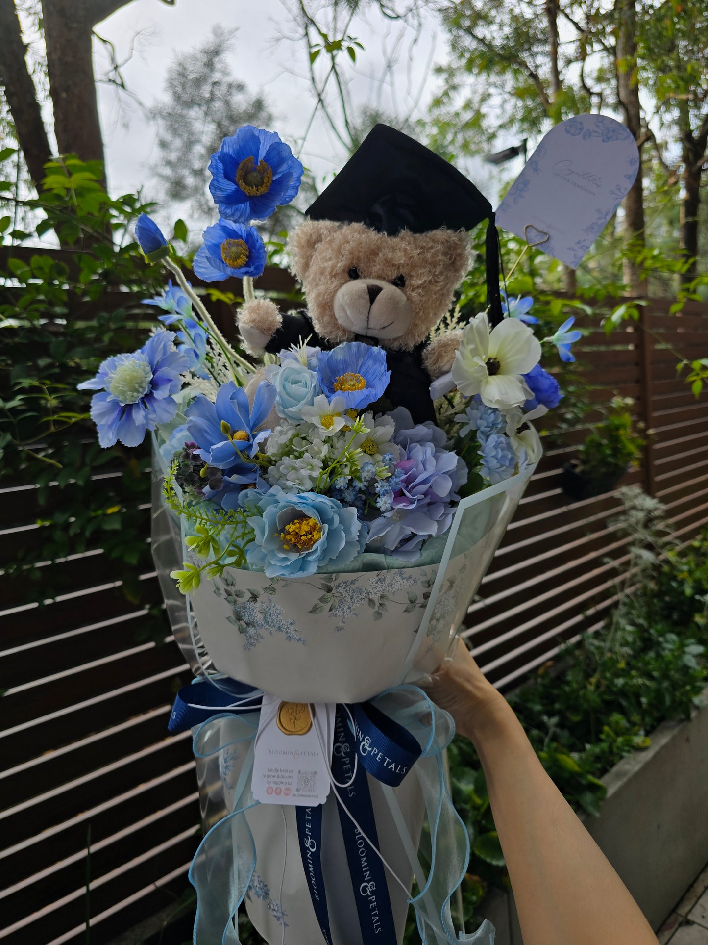 BLUE GRADUATION BOUQUET silk flower arrangement round bouquet