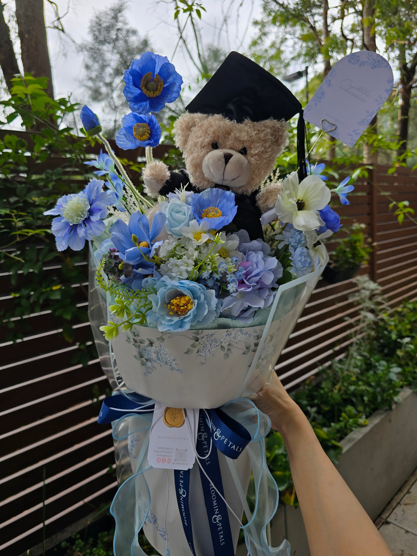 BLUE GRADUATION BOUQUET silk flower arrangement round bouquet