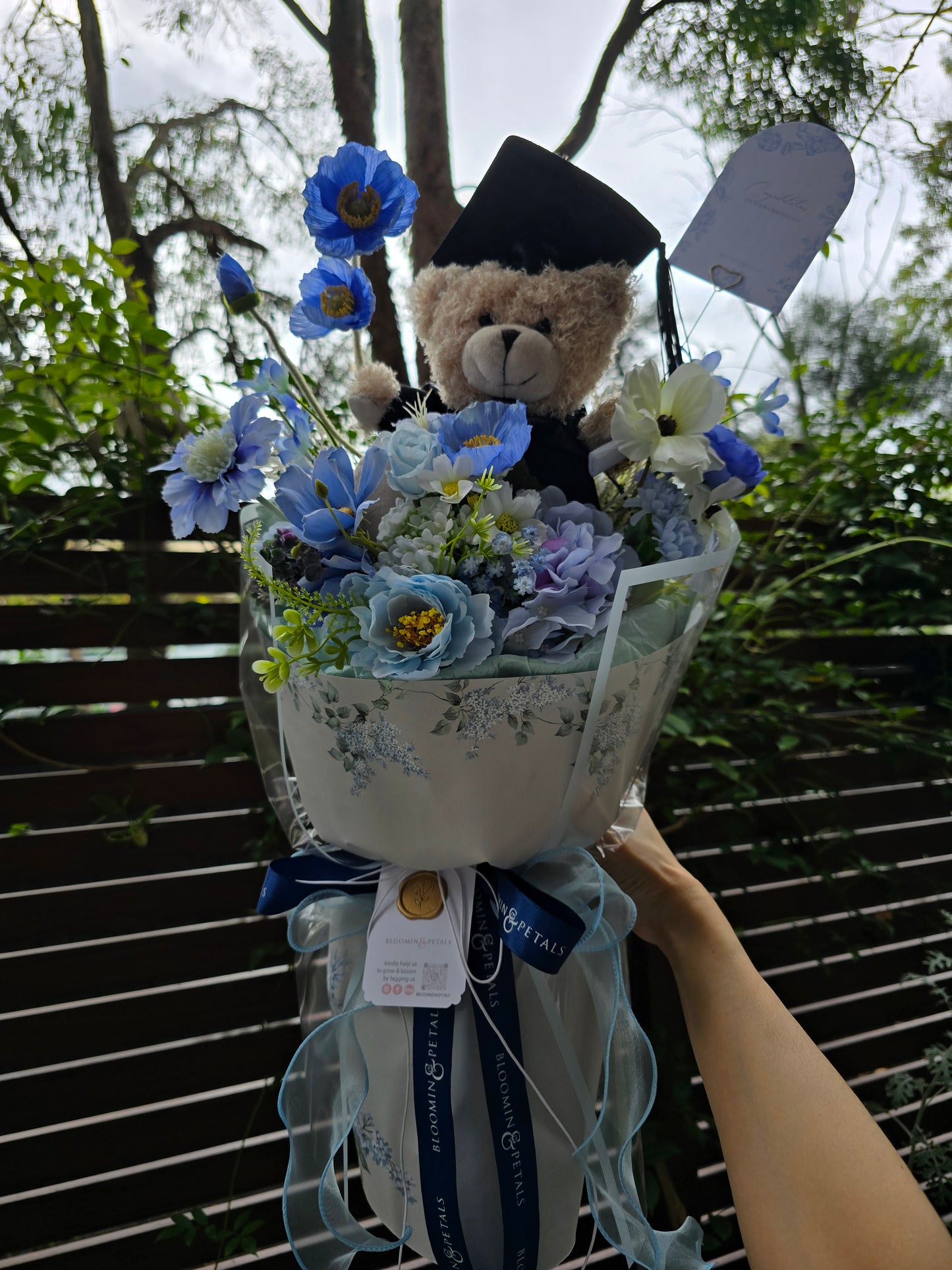 BLUE GRADUATION BOUQUET silk flower arrangement round bouquet