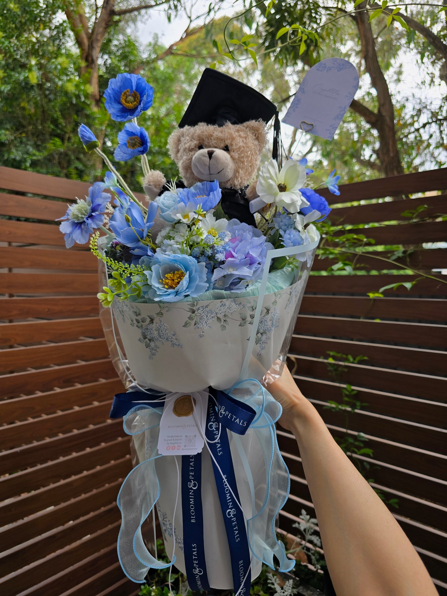 BLUE GRADUATION BOUQUET silk flower arrangement round bouquet