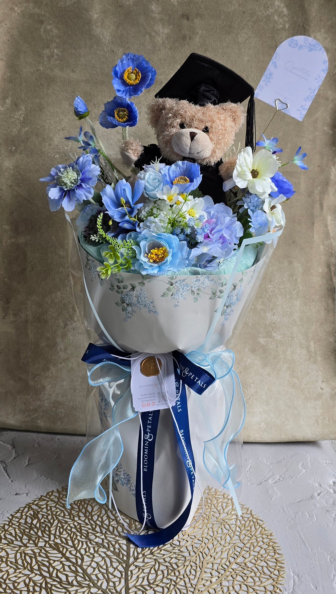 BLUE GRADUATION BOUQUET silk flower arrangement round bouquet