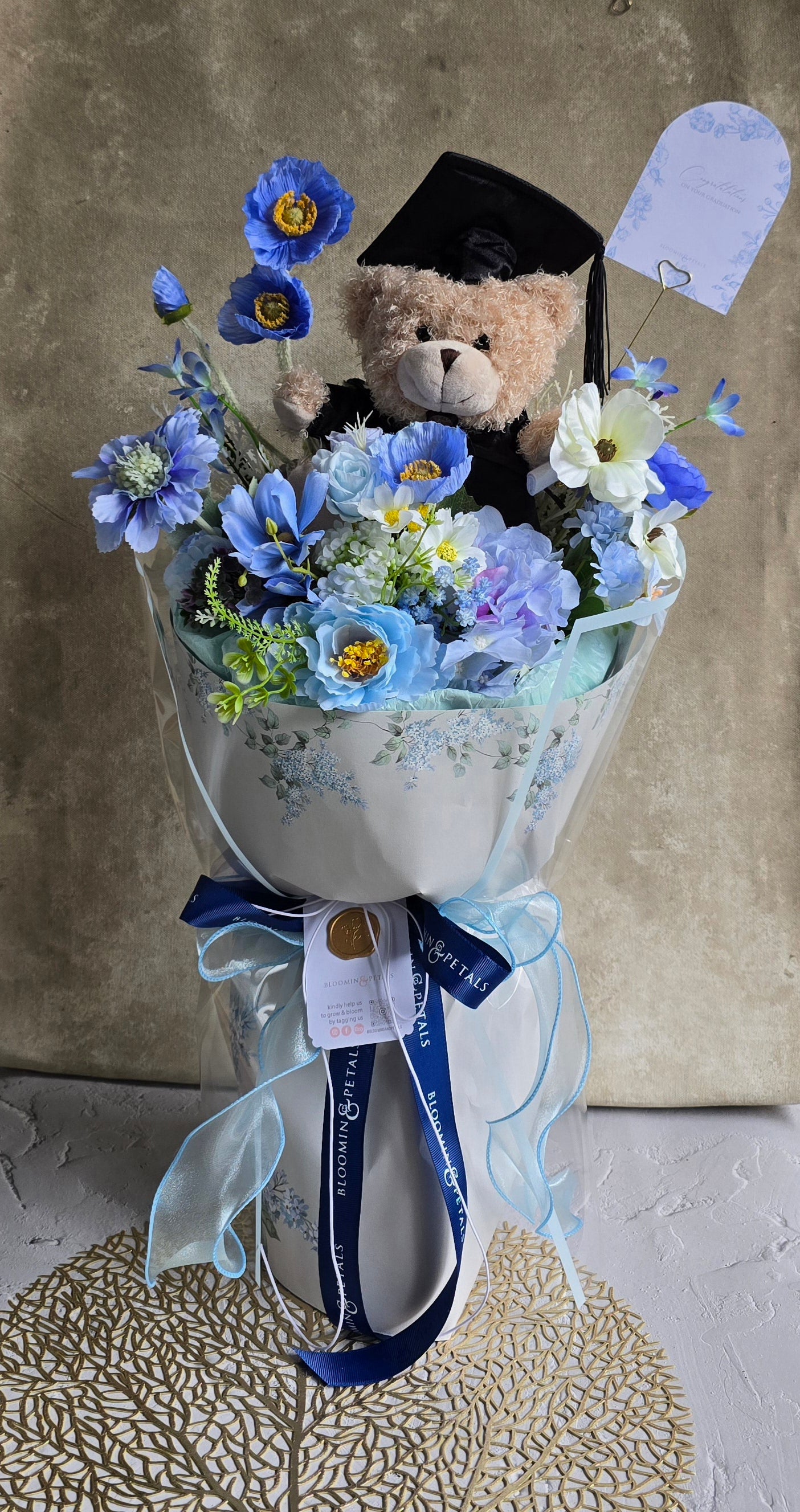 BLUE GRADUATION BOUQUET silk flower arrangement round bouquet