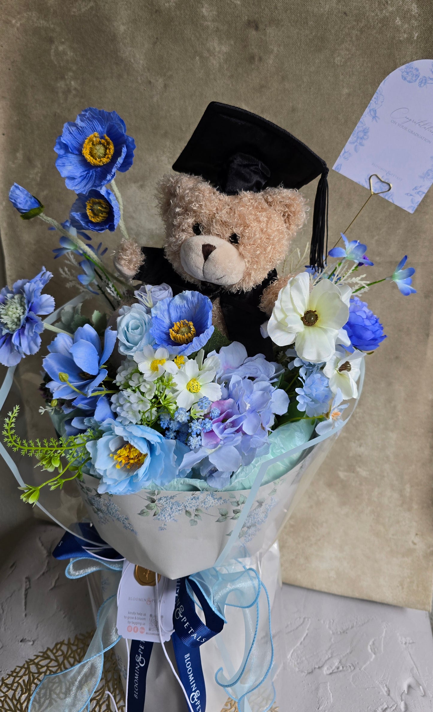BLUE GRADUATION BOUQUET silk flower arrangement round bouquet