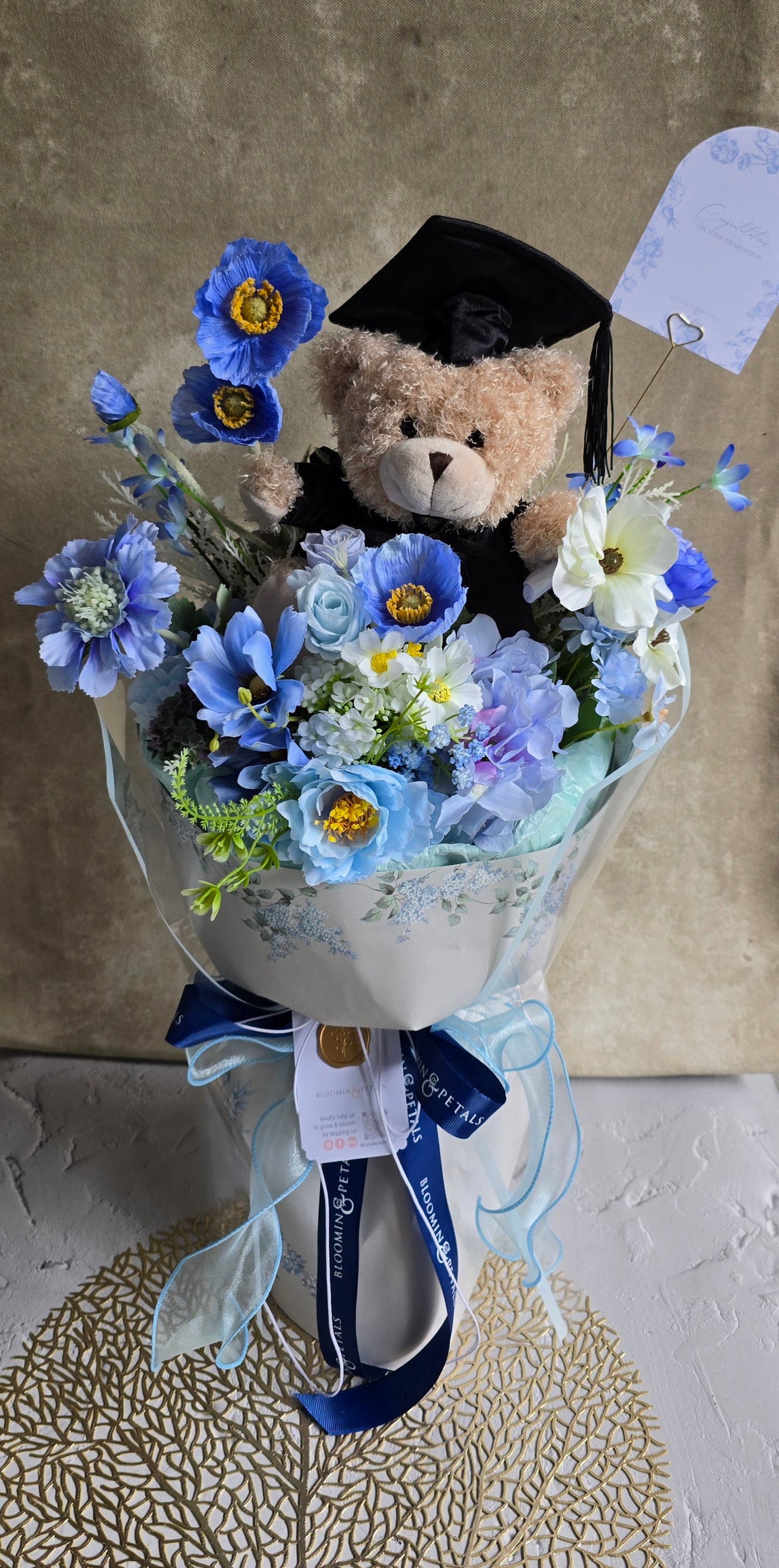 BLUE GRADUATION BOUQUET silk flower arrangement round bouquet