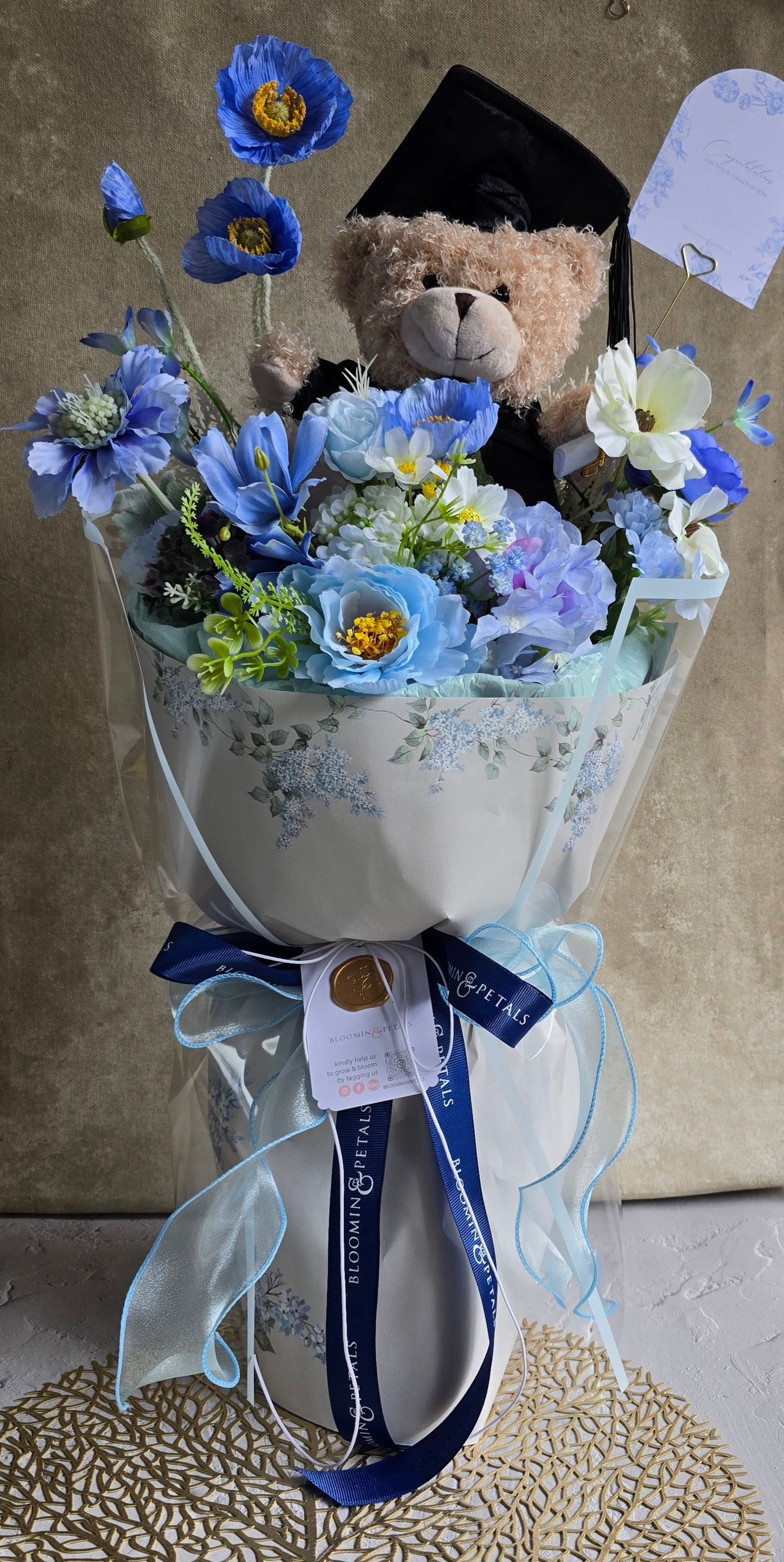 BLUE GRADUATION BOUQUET silk flower arrangement round bouquet