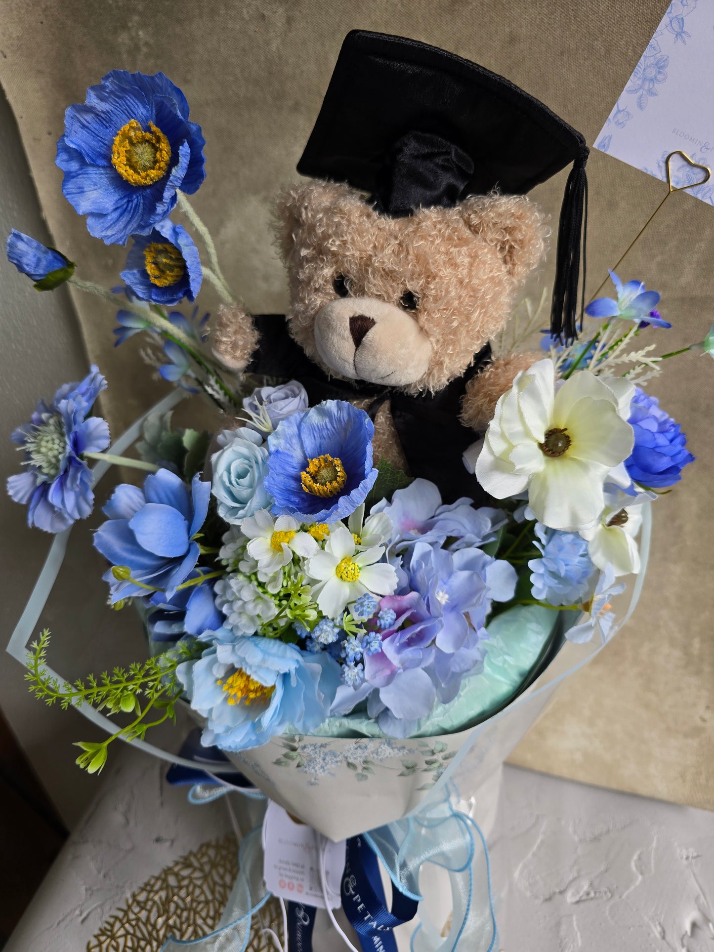 BLUE GRADUATION BOUQUET silk flower arrangement round bouquet