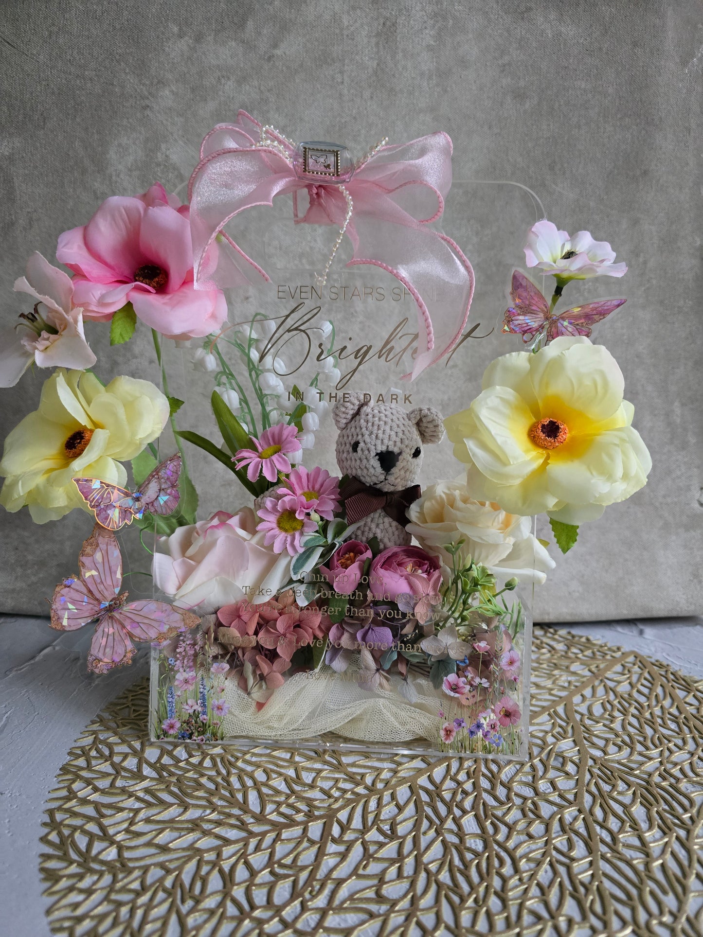 Acrylic handbag silk flower arrangement