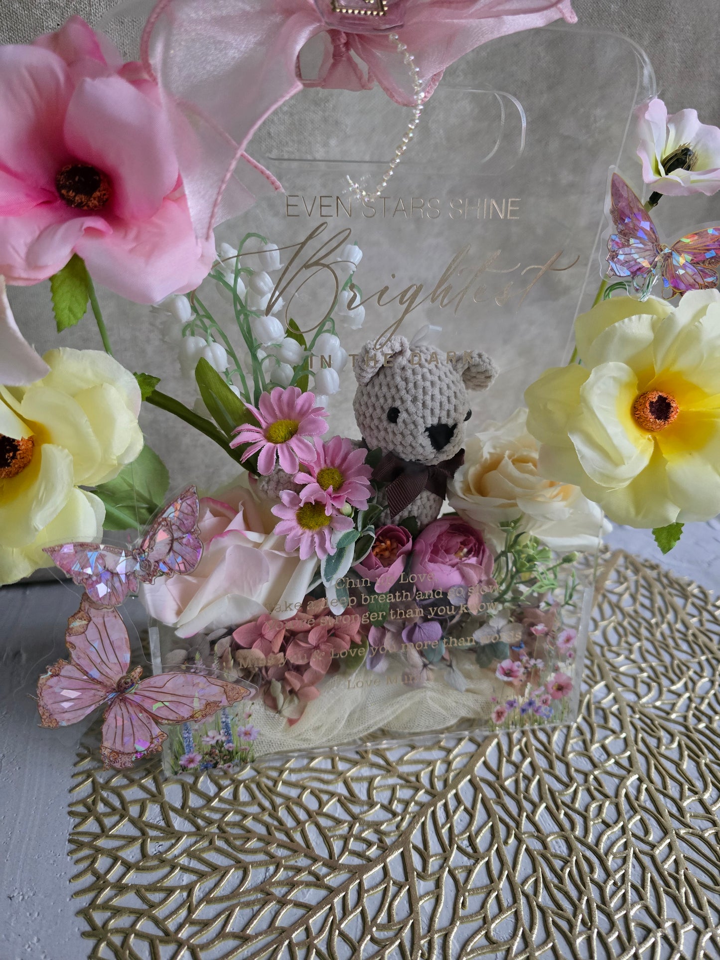 Acrylic handbag silk flower arrangement
