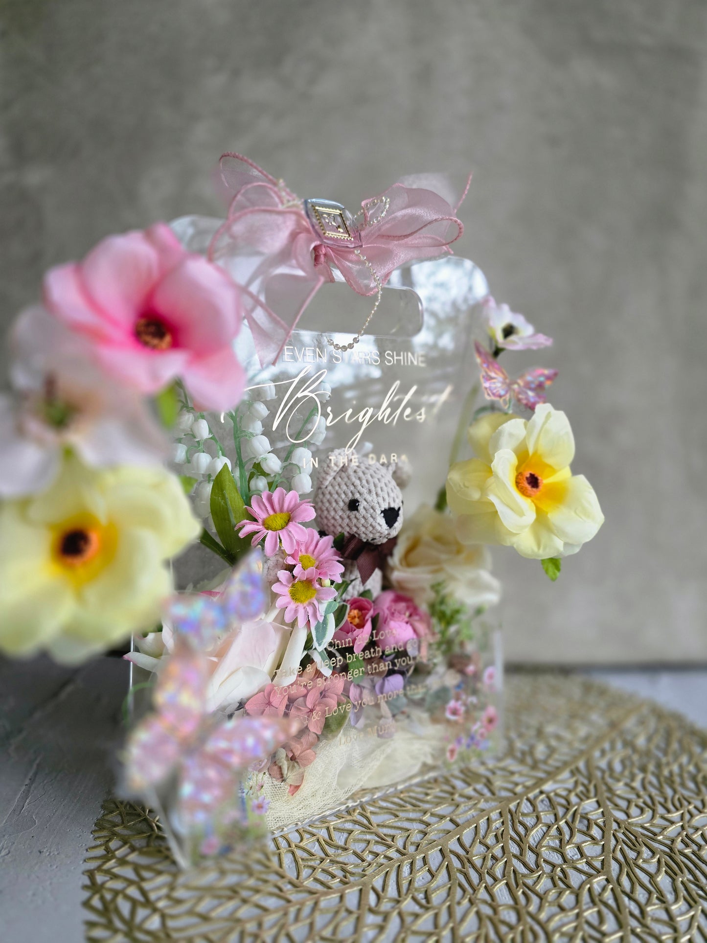 Acrylic handbag silk flower arrangement