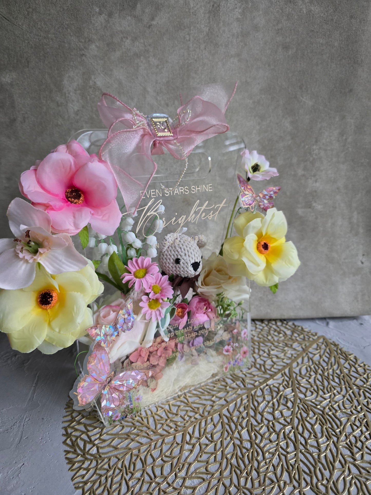 Acrylic handbag silk flower arrangement