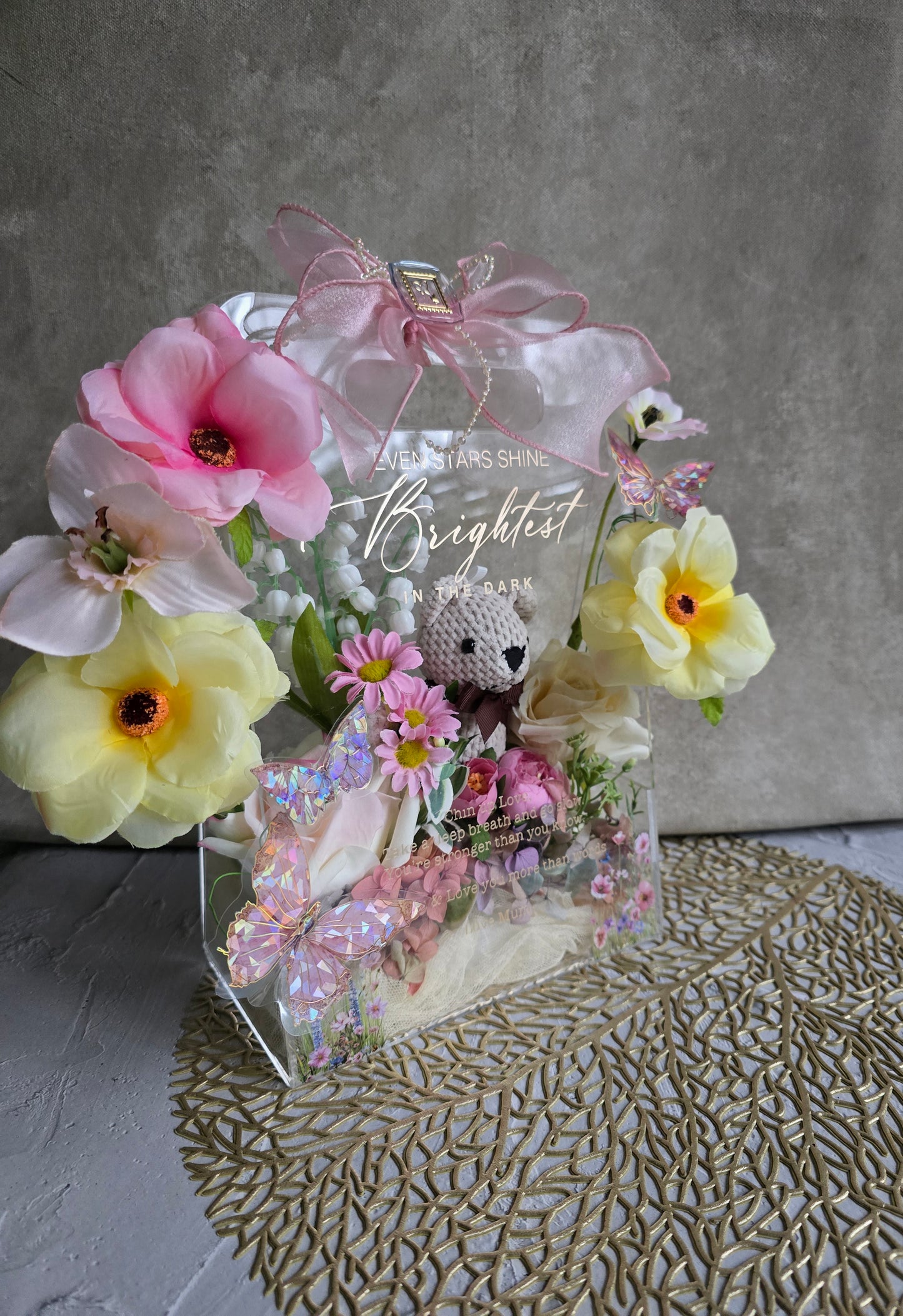 Acrylic handbag silk flower arrangement