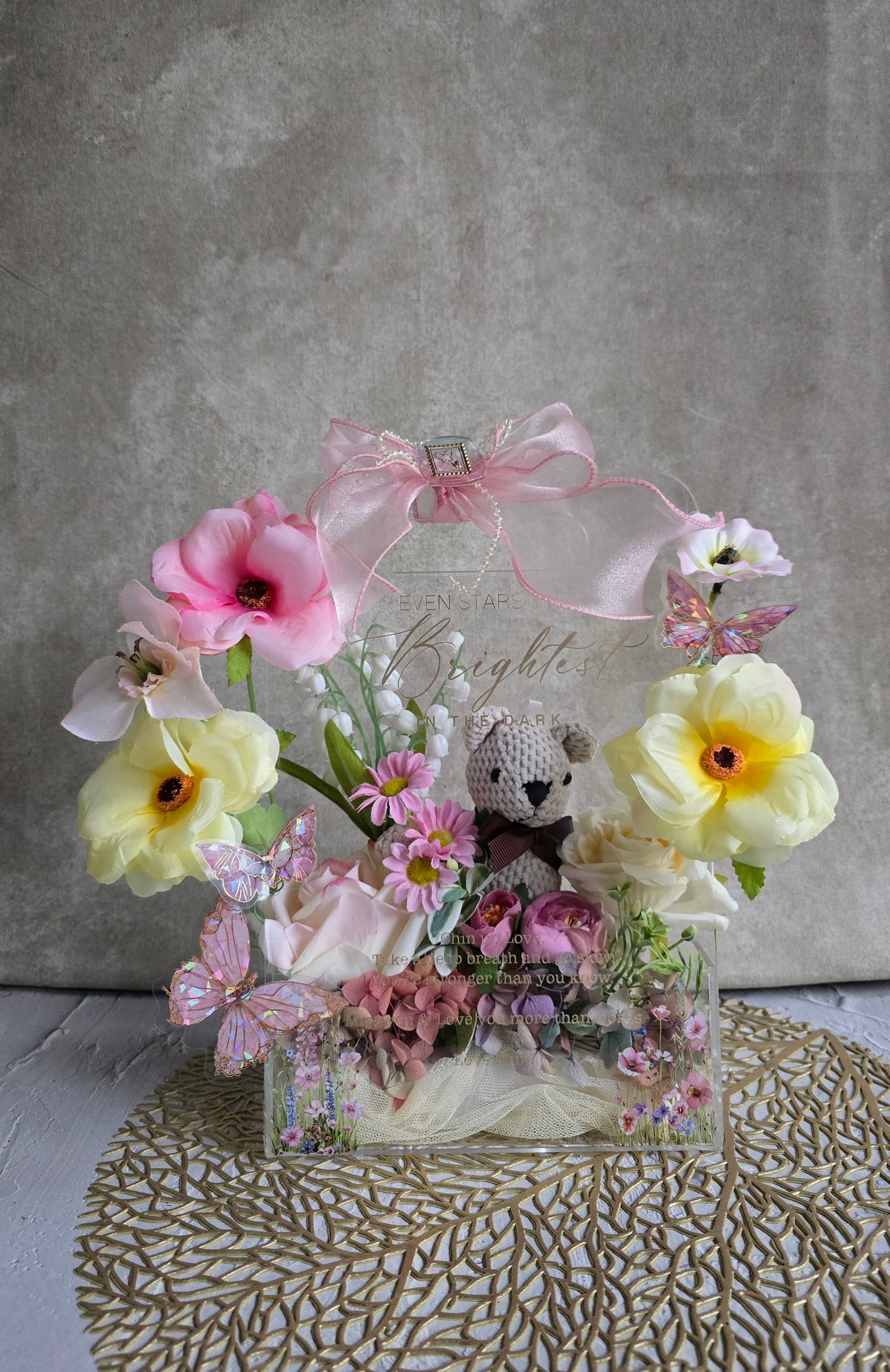 Acrylic handbag silk flower arrangement