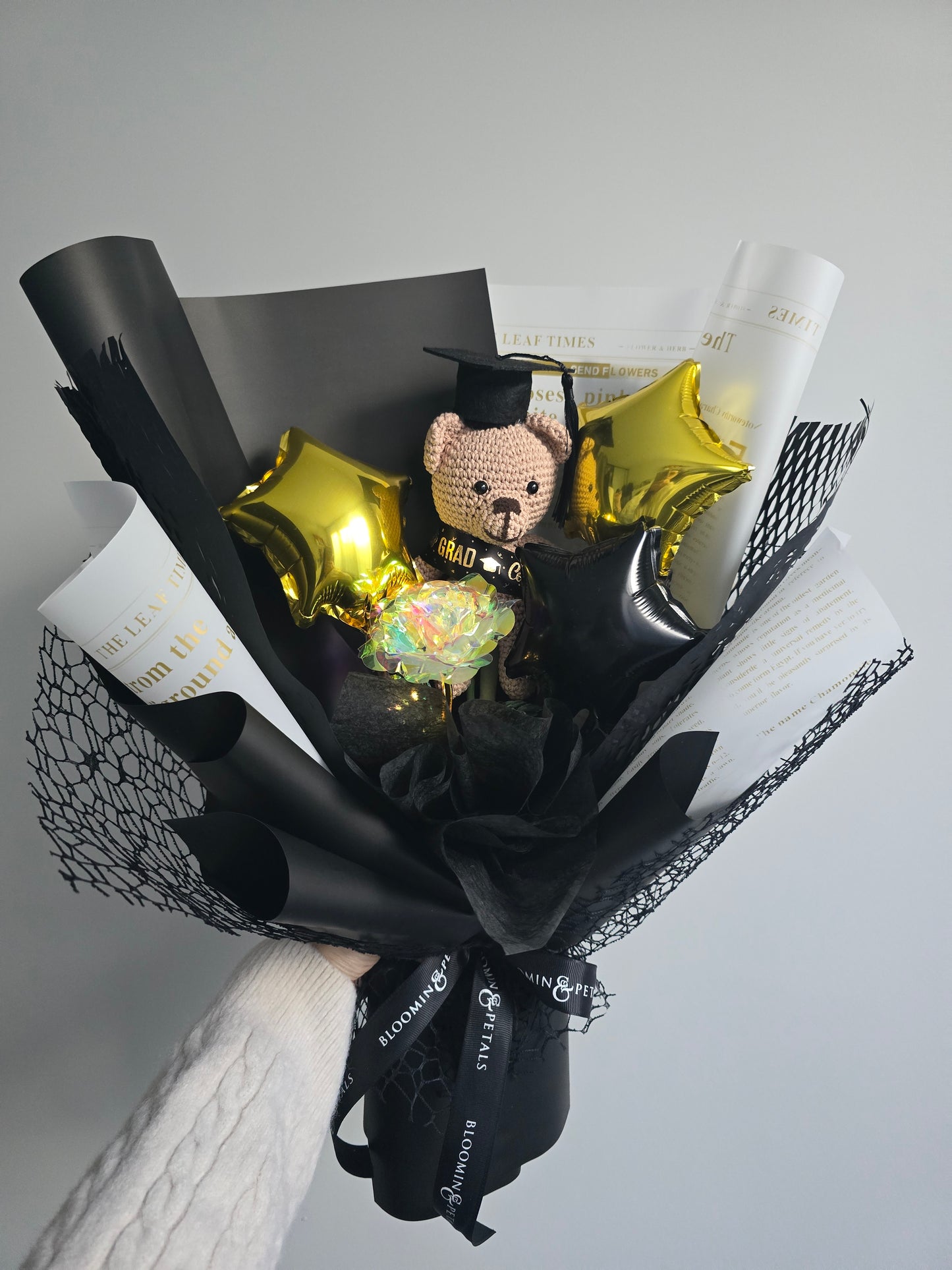 Clear rose with crochet teddy bear GRADUATION BOUQUET