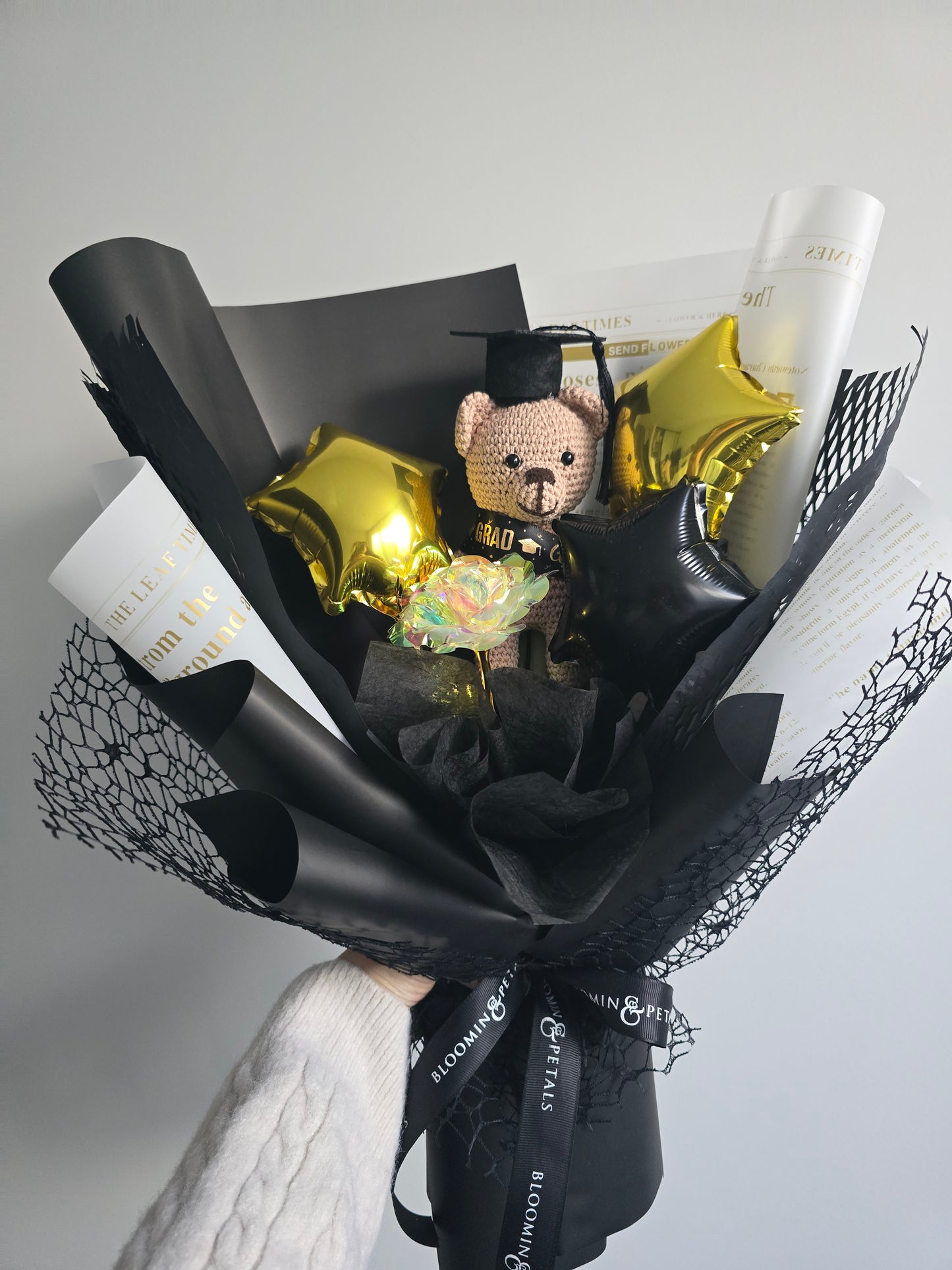 Clear rose with crochet teddy bear GRADUATION BOUQUET