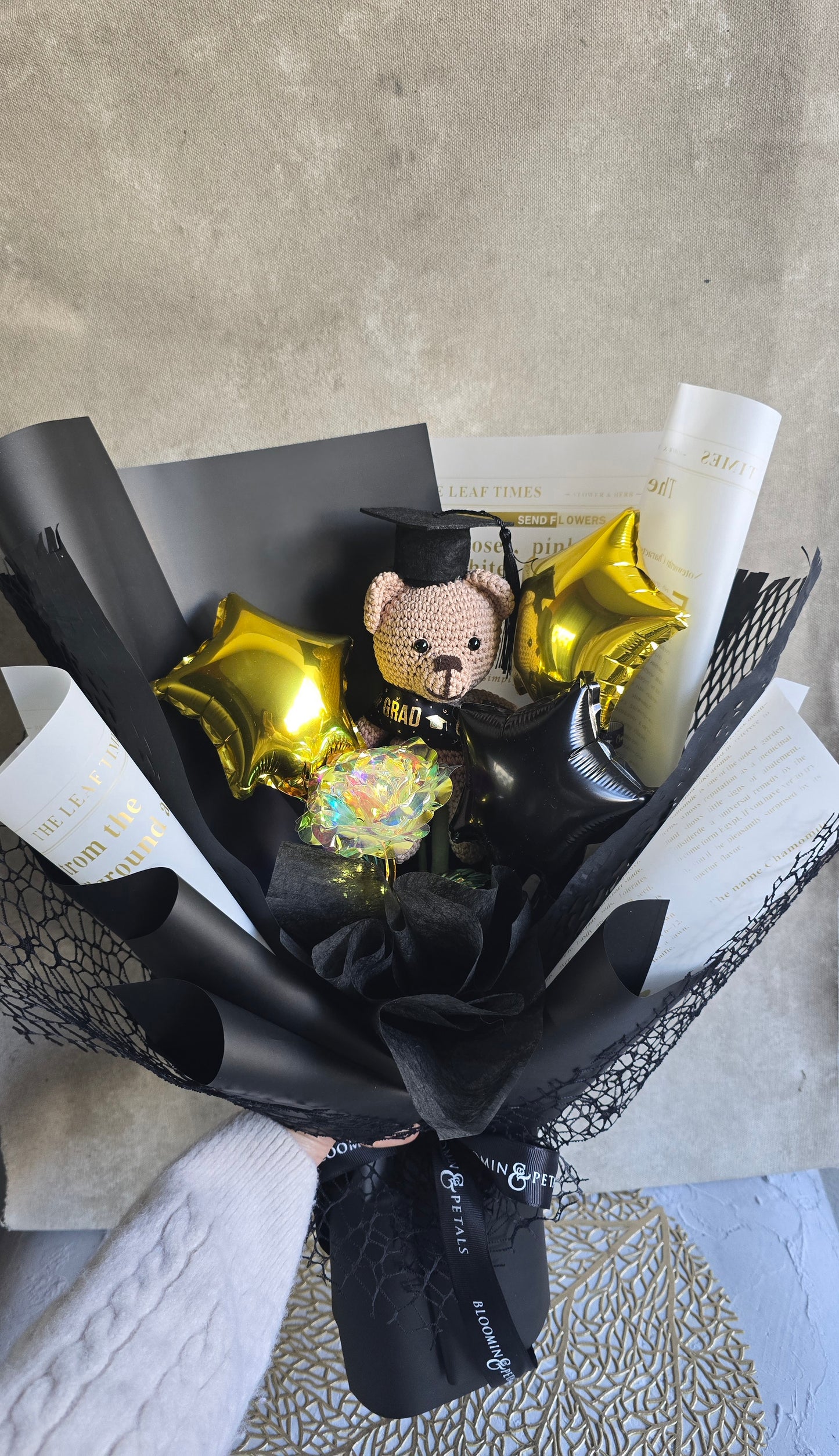 Clear rose with crochet teddy bear GRADUATION BOUQUET