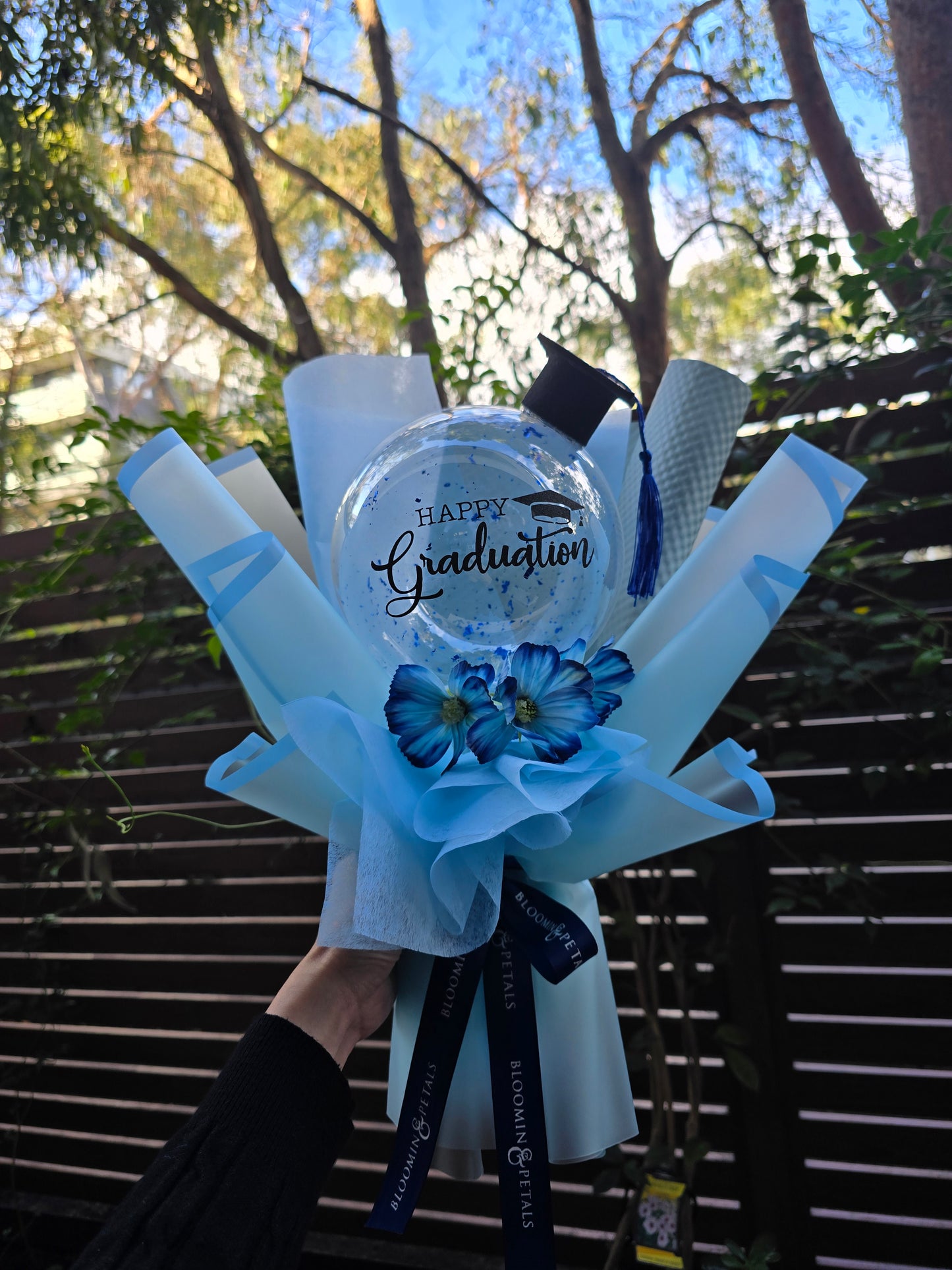 Blue Graduation Balloon Bouquet with Artificial Flowers & Cap – Handmade Class of 2025 Gift | Buy 3 or 6 Bundles to Save More