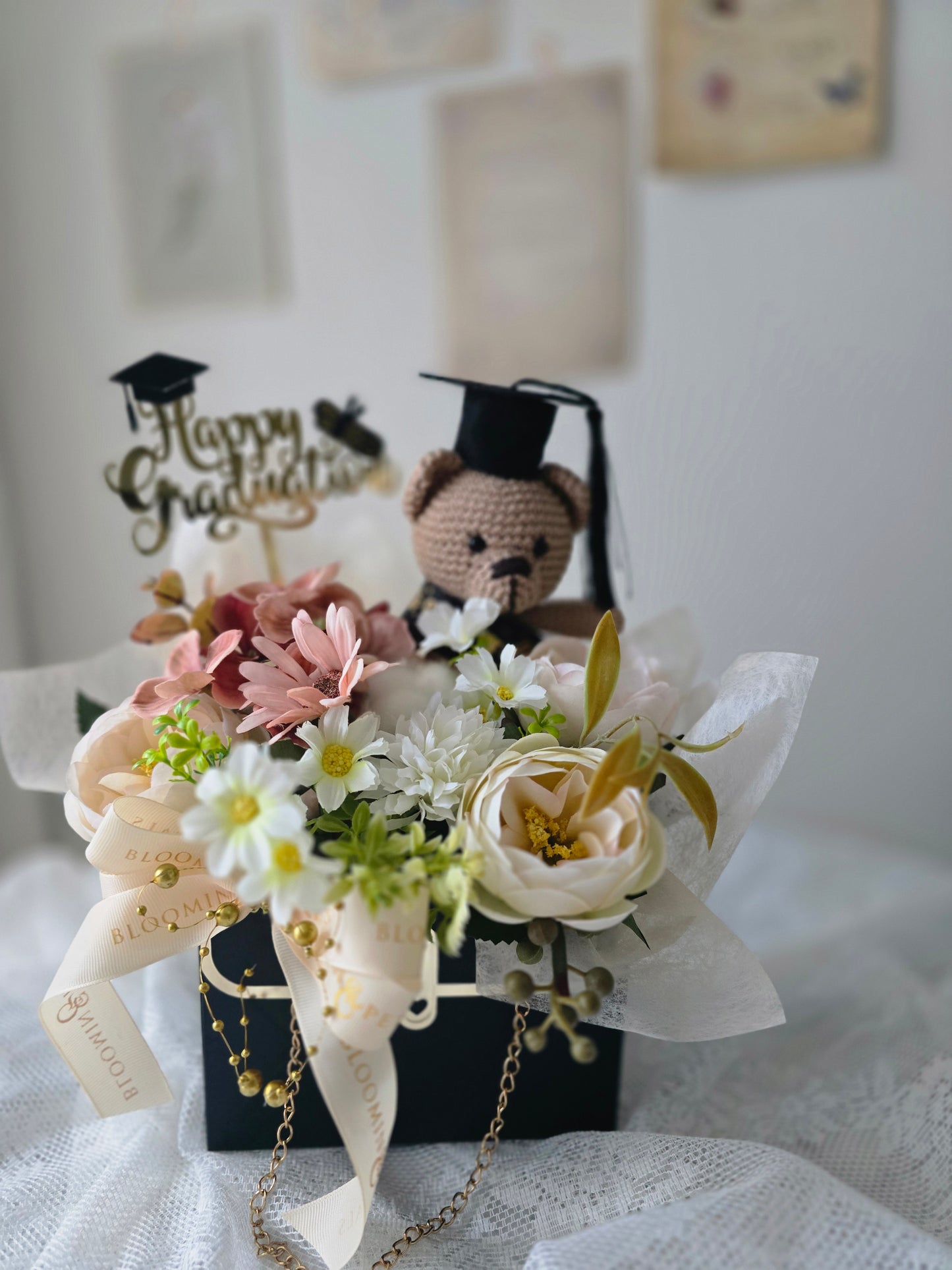 Crochet Teddy Bear Graduation Gift Box | Silk Flower Keepsake Australia