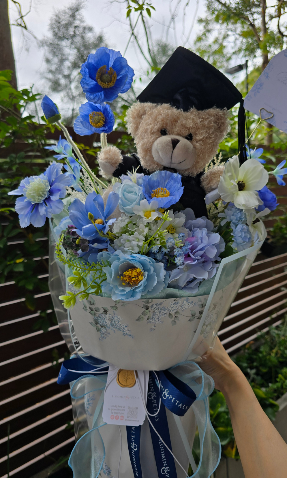 BLUE GRADUATION BOUQUET silk flower arrangement round bouquet