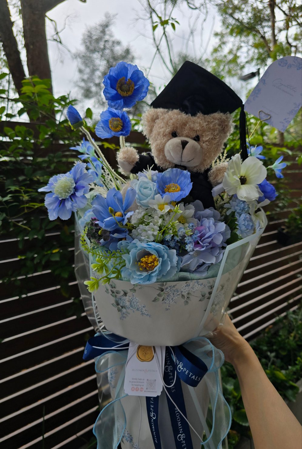 BLUE GRADUATION BOUQUET silk flower arrangement round bouquet
