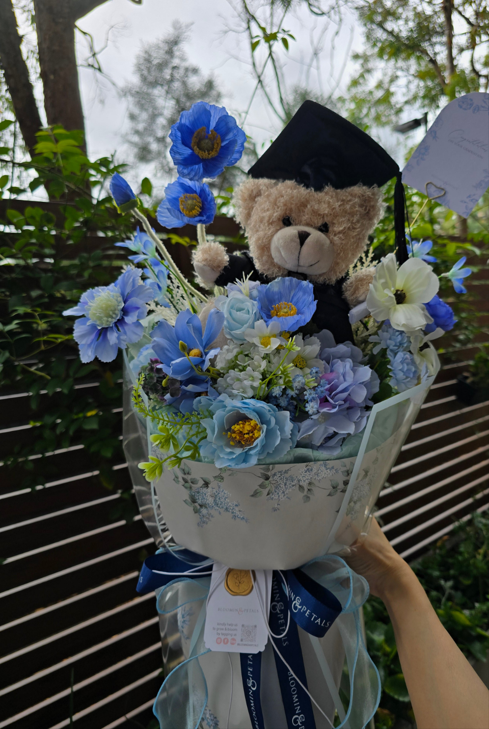 BLUE GRADUATION BOUQUET silk flower arrangement round bouquet