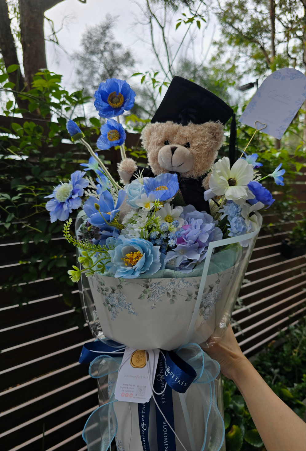 BLUE GRADUATION BOUQUET silk flower arrangement round bouquet
