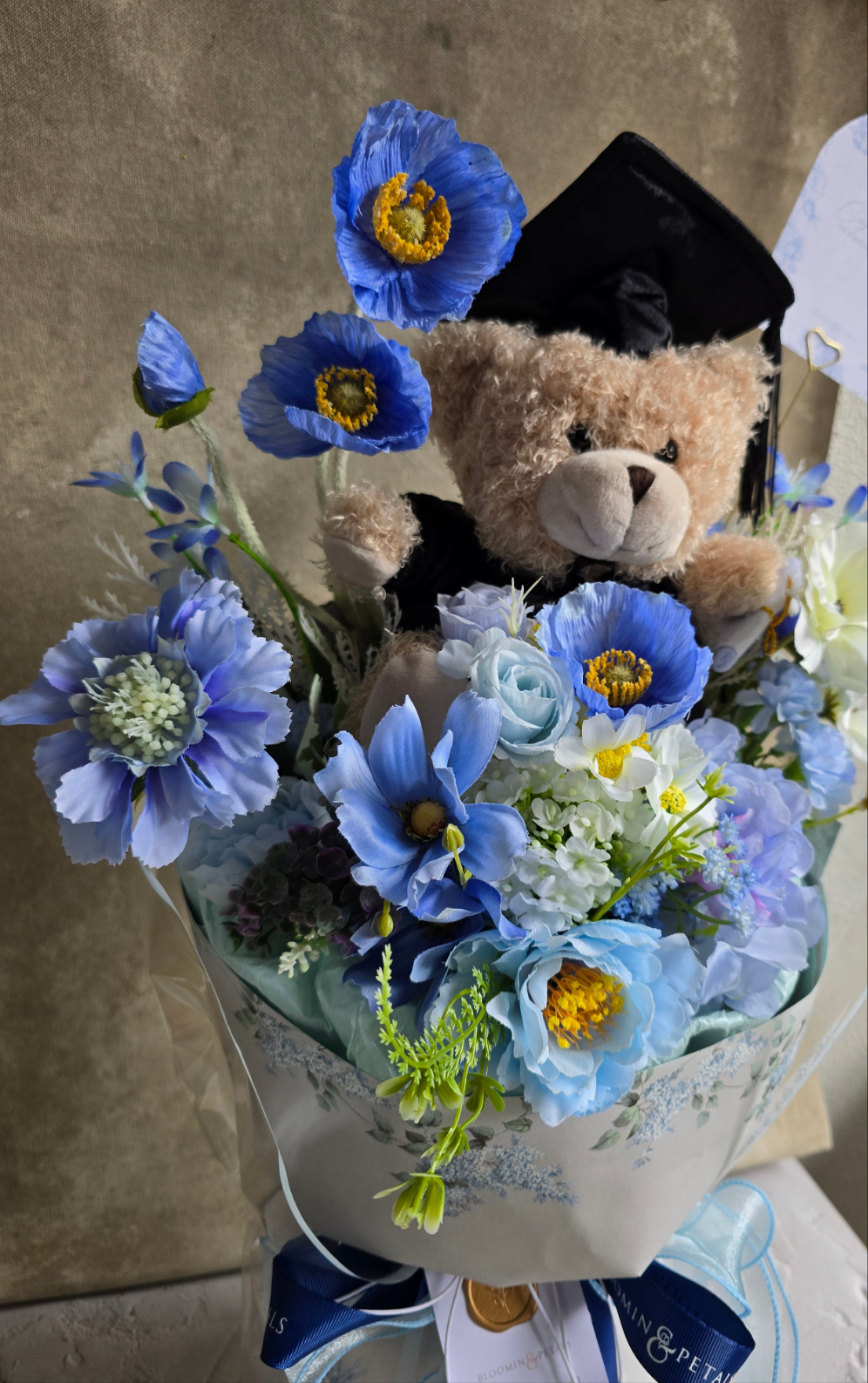BLUE GRADUATION BOUQUET silk flower arrangement round bouquet