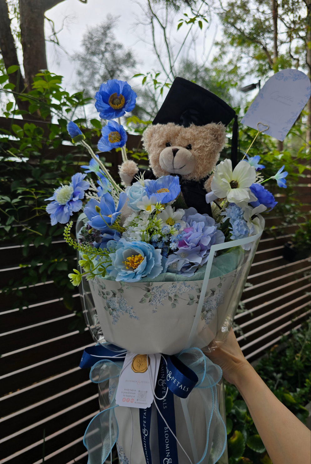 BLUE GRADUATION BOUQUET silk flower arrangement round bouquet