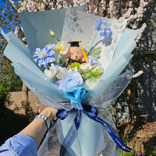 LIMITED EDITION BOUQUET WITH MEDIUM TEDDY BEAR GRADUATION BOUQUET