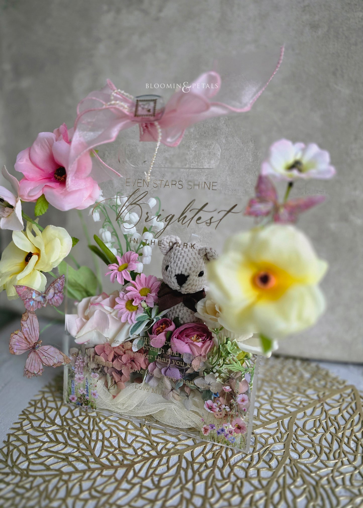 Acrylic handbag silk flower arrangement