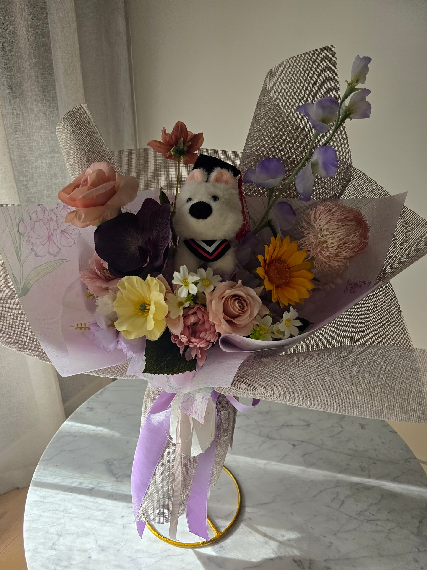 PREMIUM GRADUATION BOUQUET silk flower arrangement bouquet + puppy plushie graduation