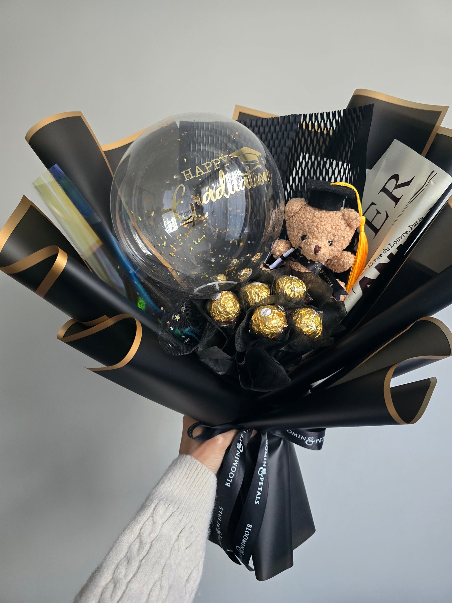 Chocolate bouquet with teddy bear graduation
