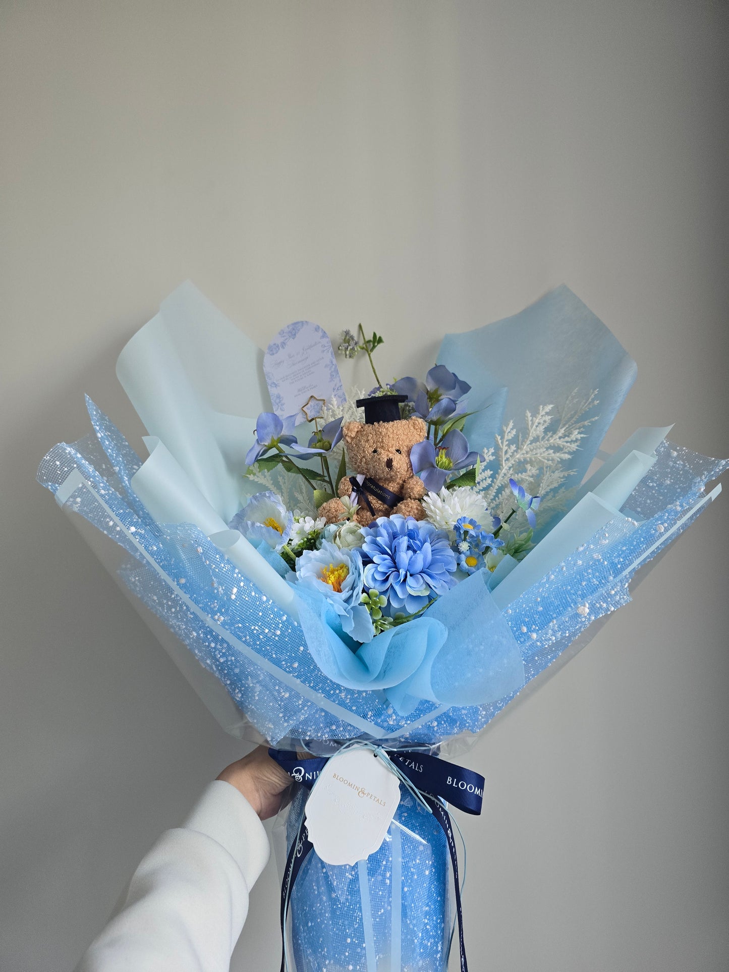 PREMIUM GRADUATION BOUQUET silk flower arrangement bouquet + navy small teddy bear