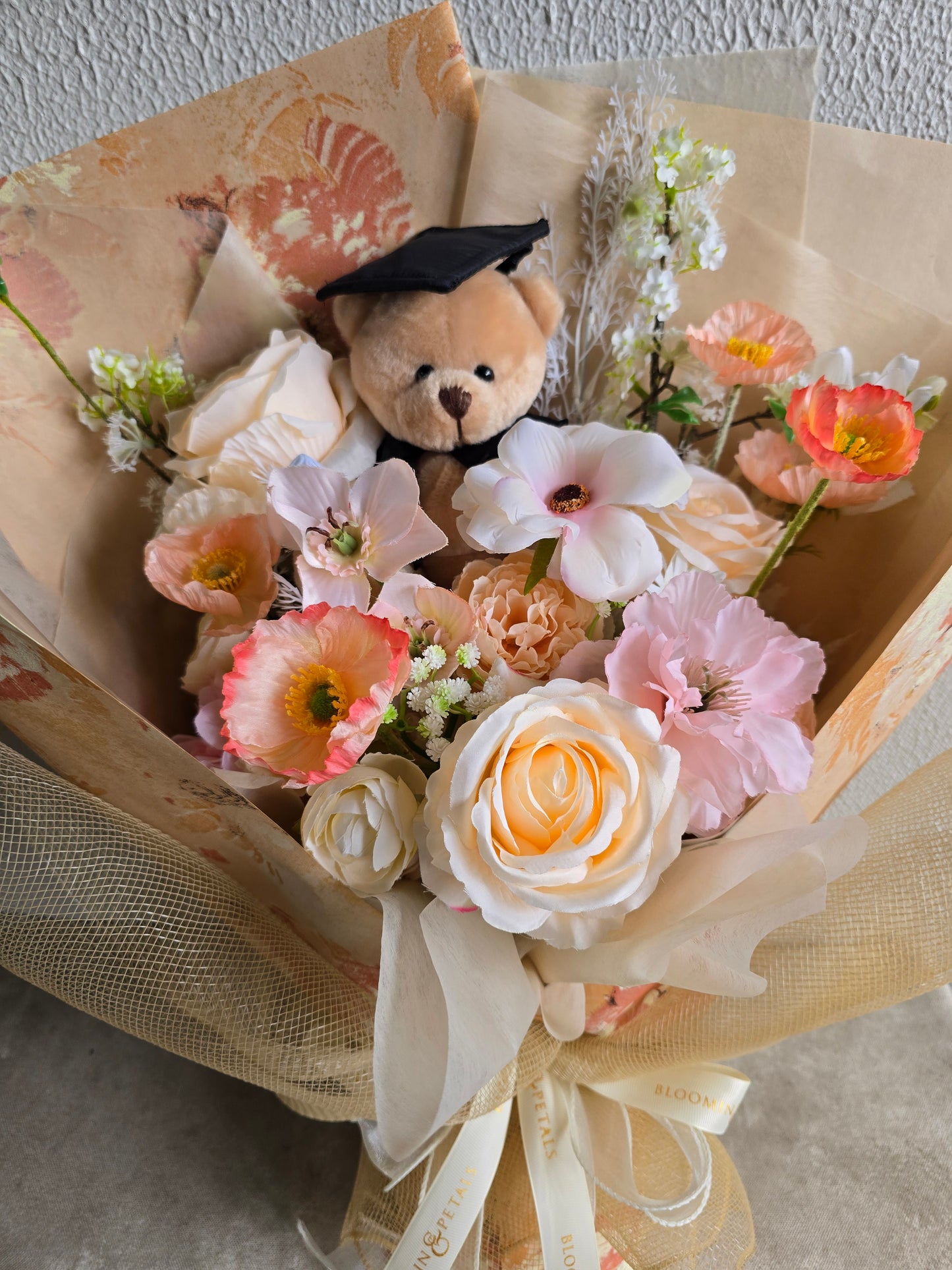 LIMITED EDITION GRADUATION FLOWER BOUQUET WITH GRADUATION BEAR PEACH TONE