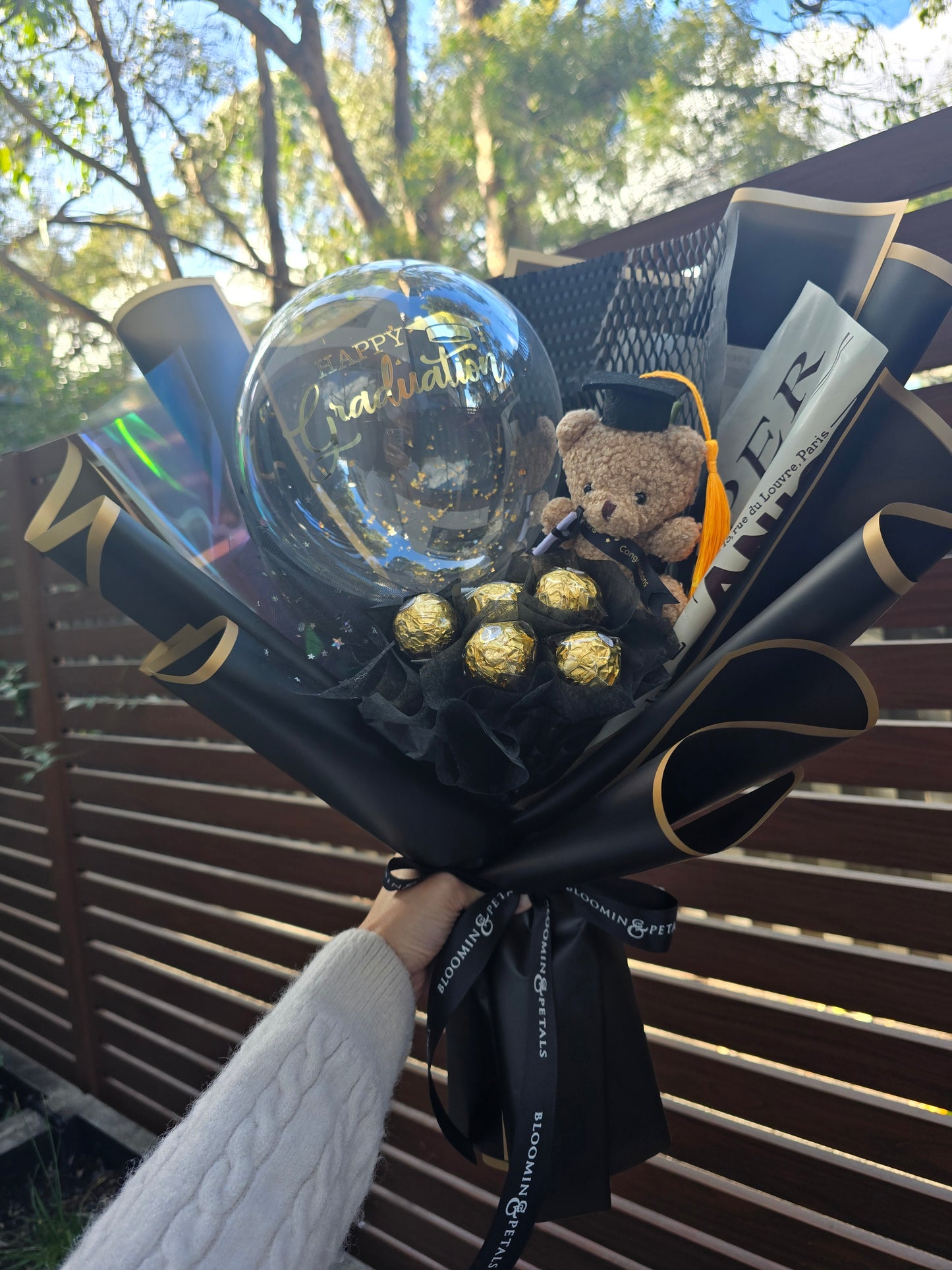 Chocolate bouquet with teddy bear graduation