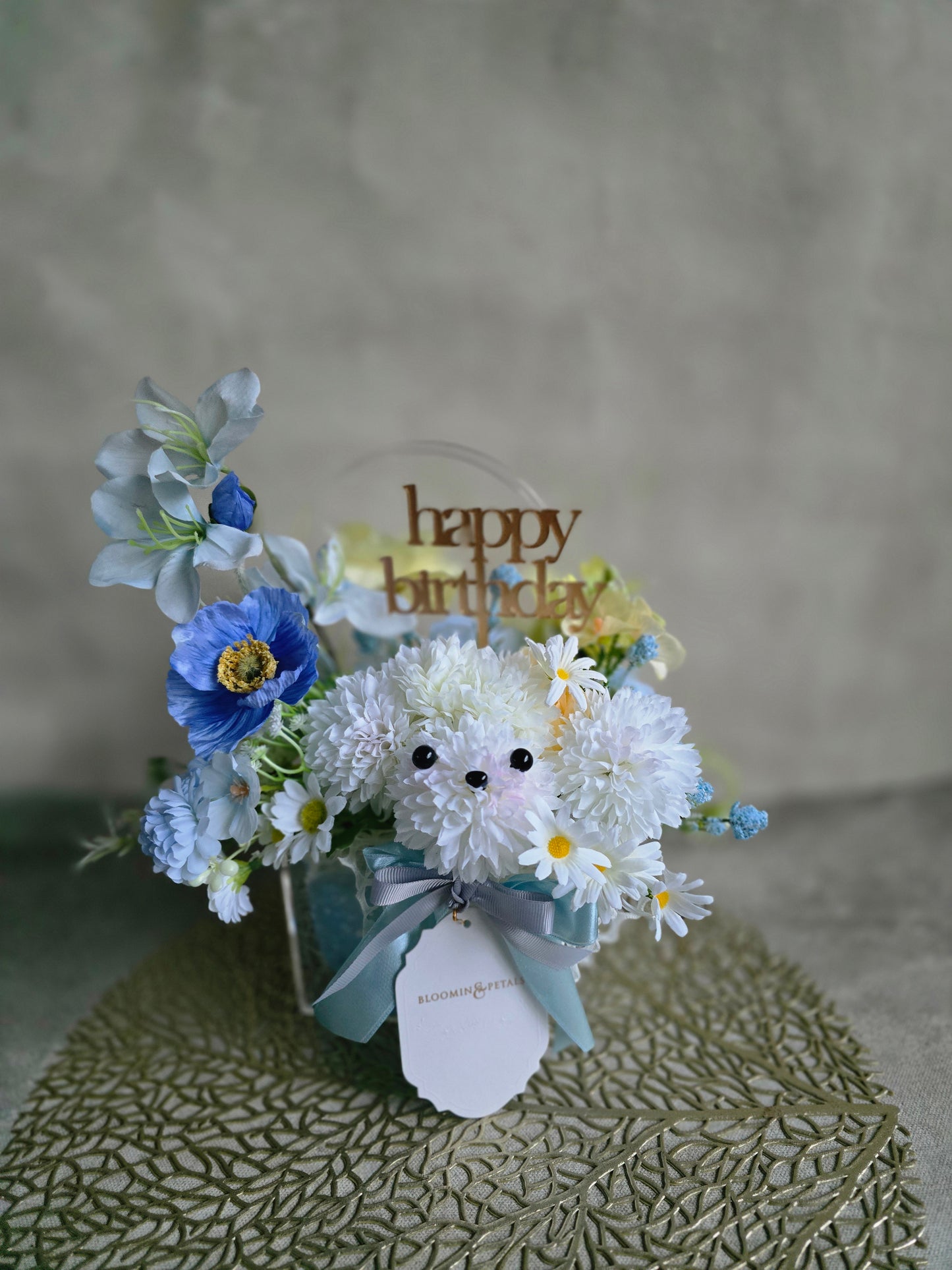 Puppy bouquet with acrylic box