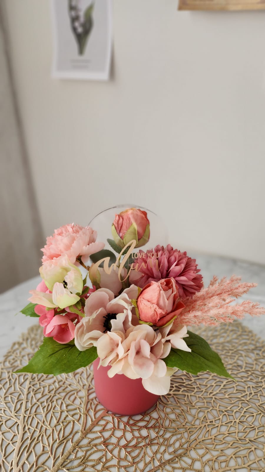 mother's day artificial flowers in a pot with clear acrylic arc