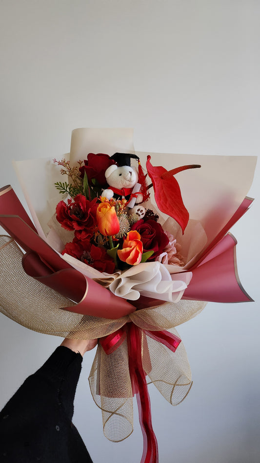 MIXED BOUQUET SMALL TEDDY BEAR GRADUATION BOUQUET