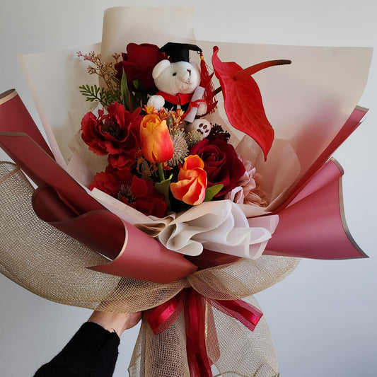 MIXED BOUQUET SMALL TEDDY BEAR GRADUATION BOUQUET