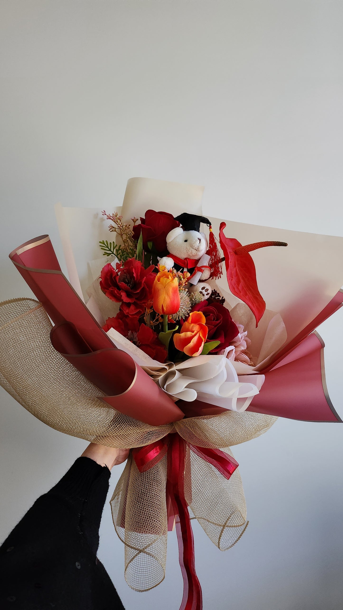 MIXED BOUQUET SMALL TEDDY BEAR GRADUATION BOUQUET