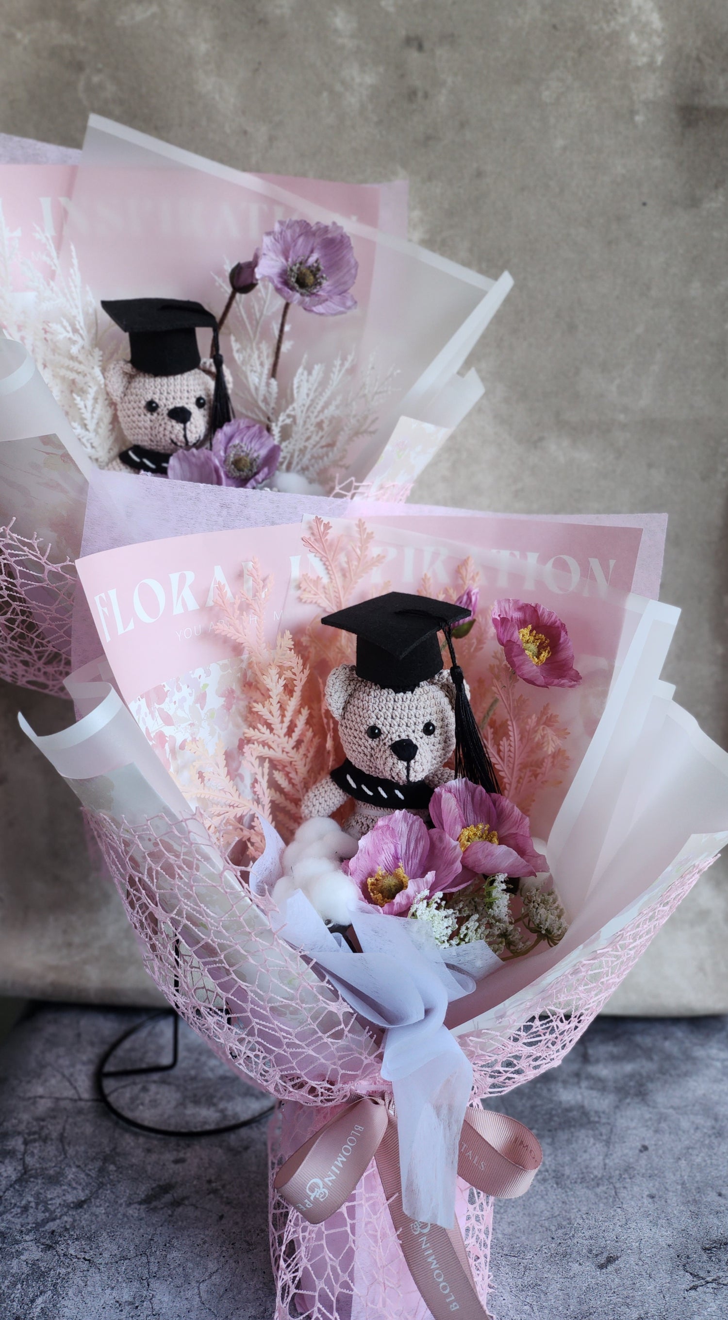 Crochet teddy bear graduation flower bouquet