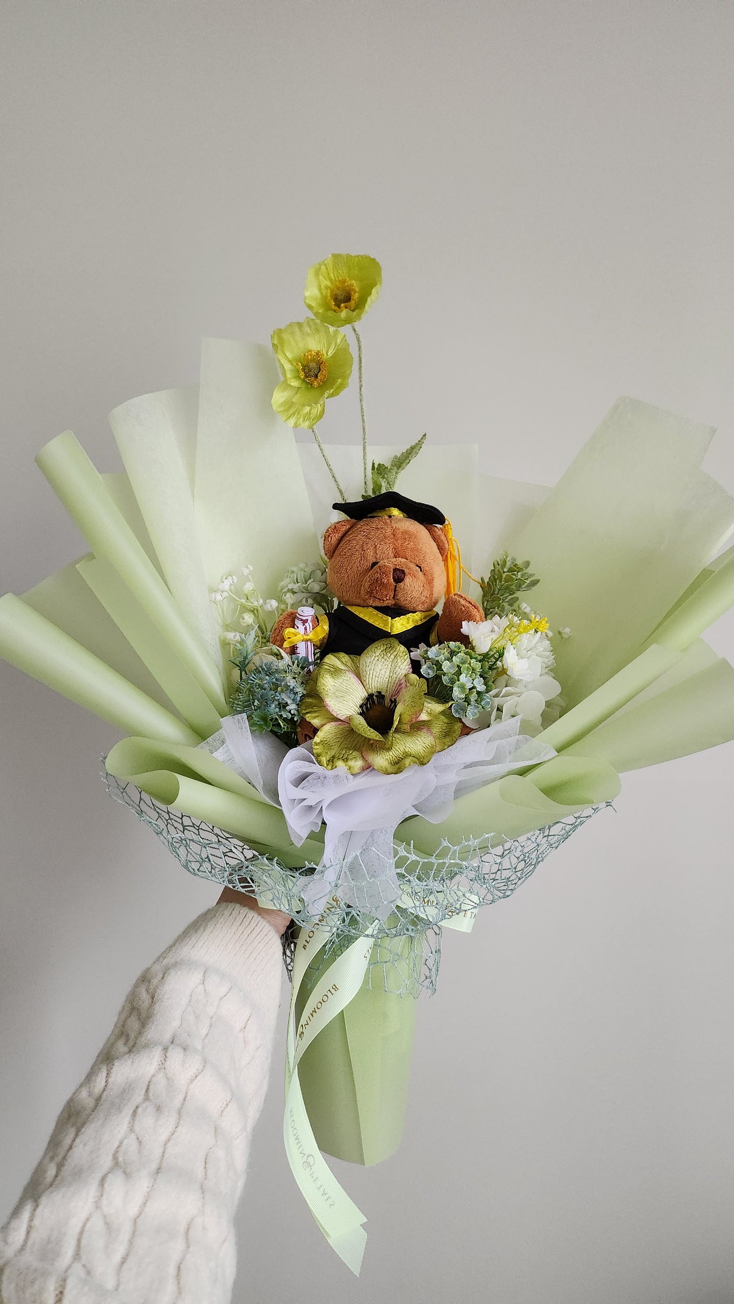 GRADUATION BOUQUET silk flower arrangement bouquet in green