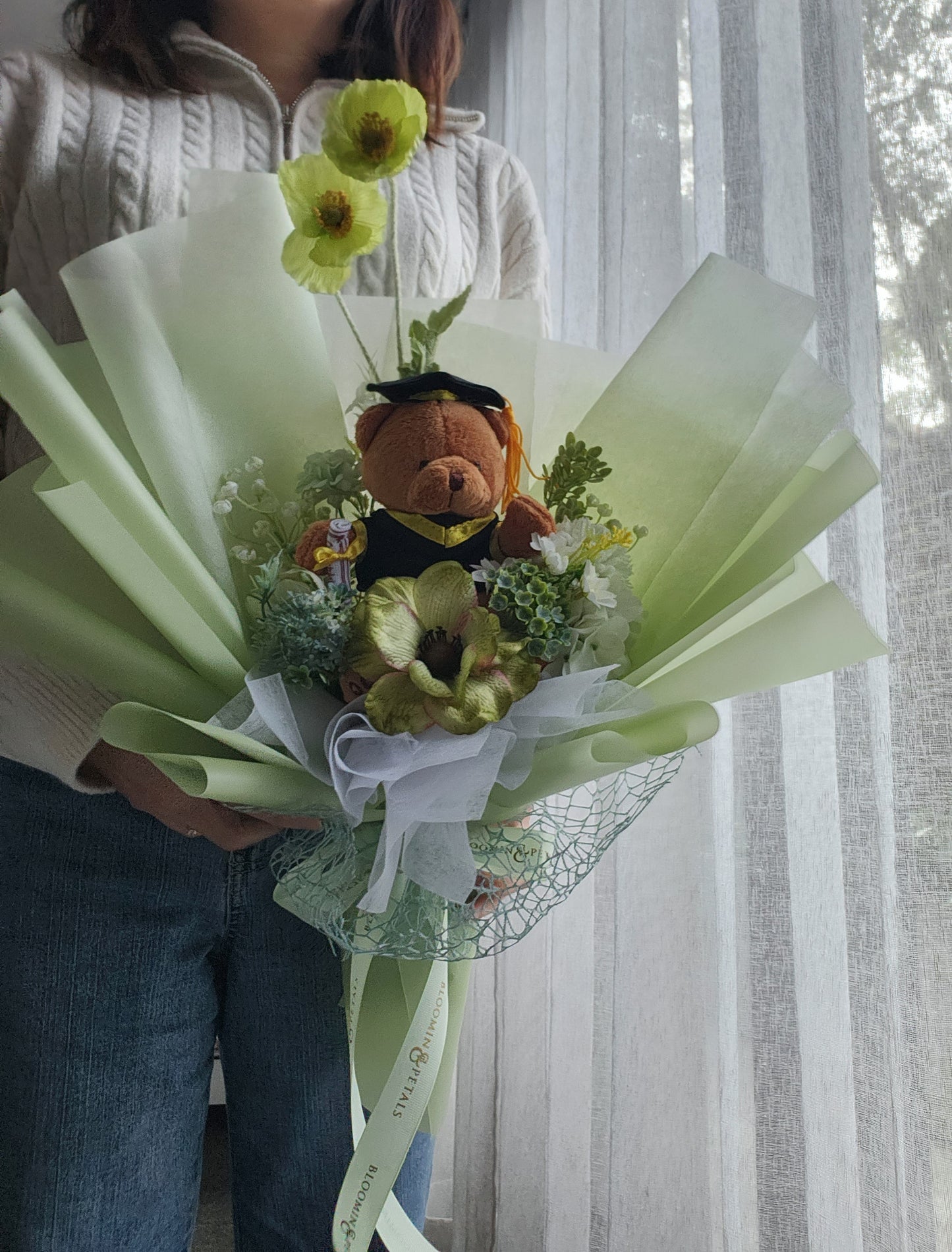 GRADUATION BOUQUET silk flower arrangement bouquet in green