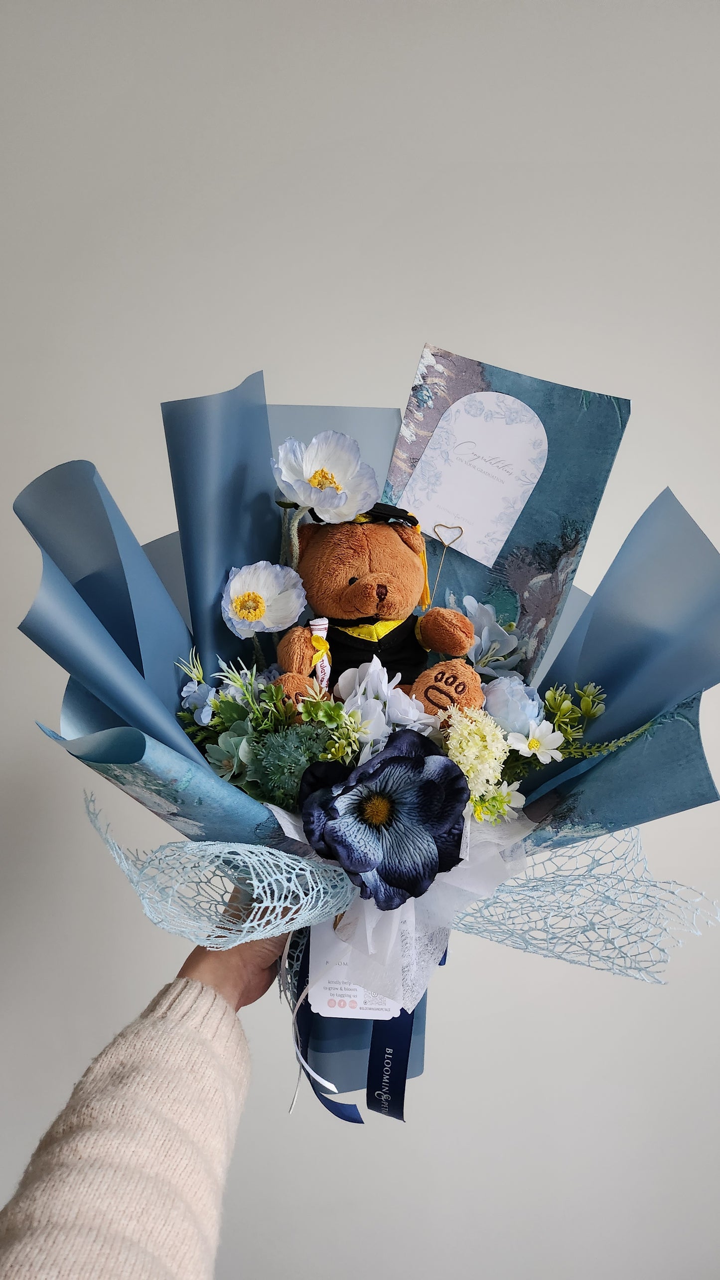 BLUE GRADUATION BOUQUET silk flower arrangement bouquet