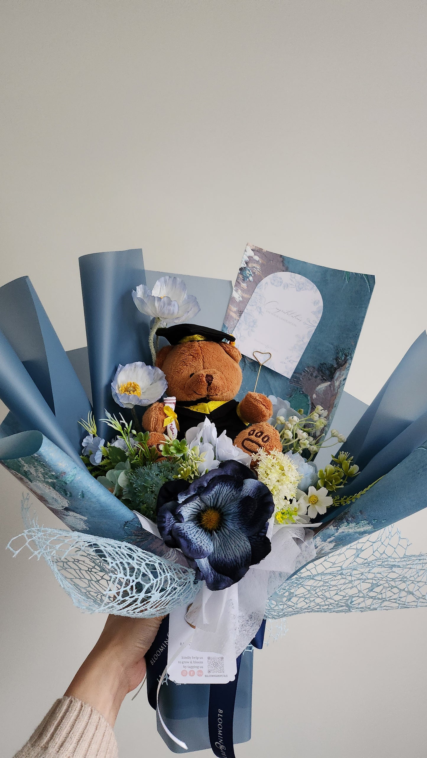 BLUE GRADUATION BOUQUET silk flower arrangement bouquet