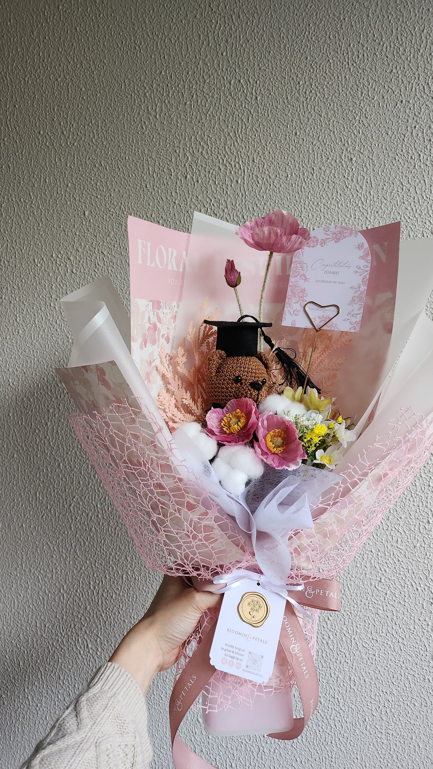 Crochet teddy bear graduation flower bouquet