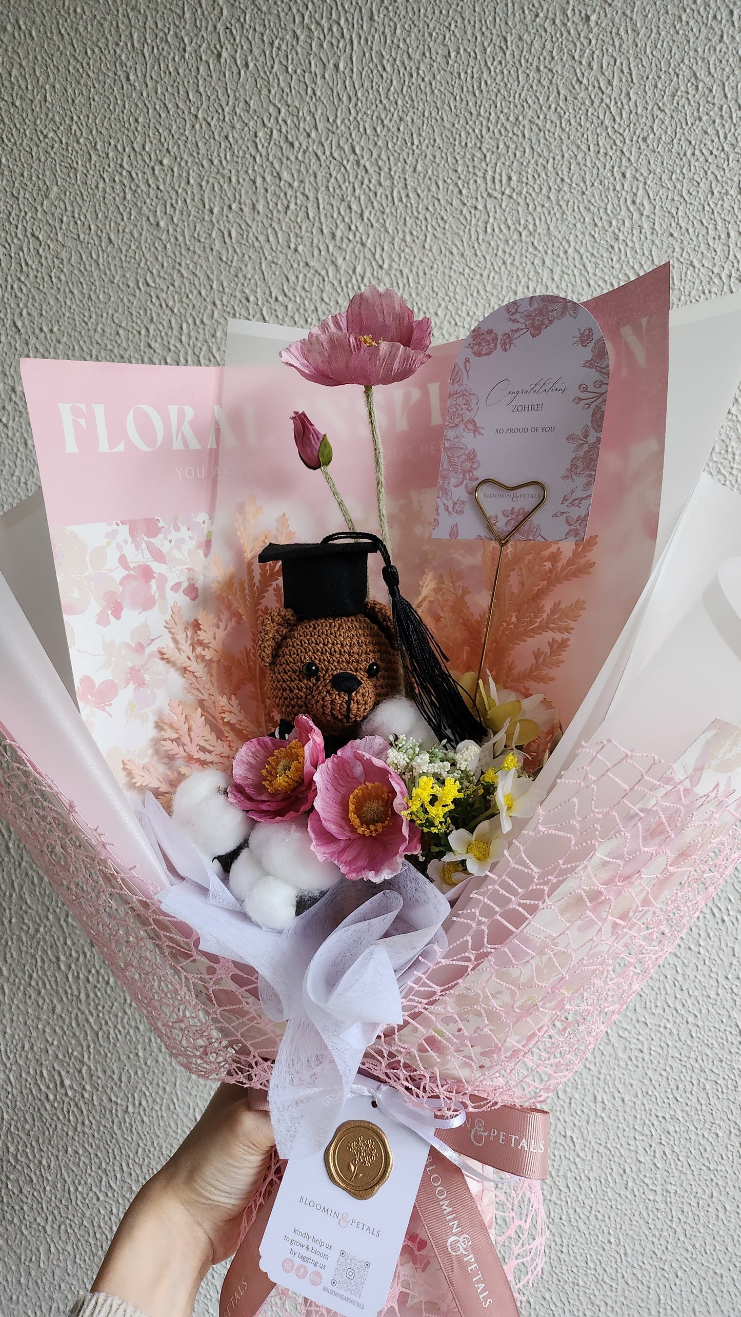 Crochet teddy bear graduation flower bouquet