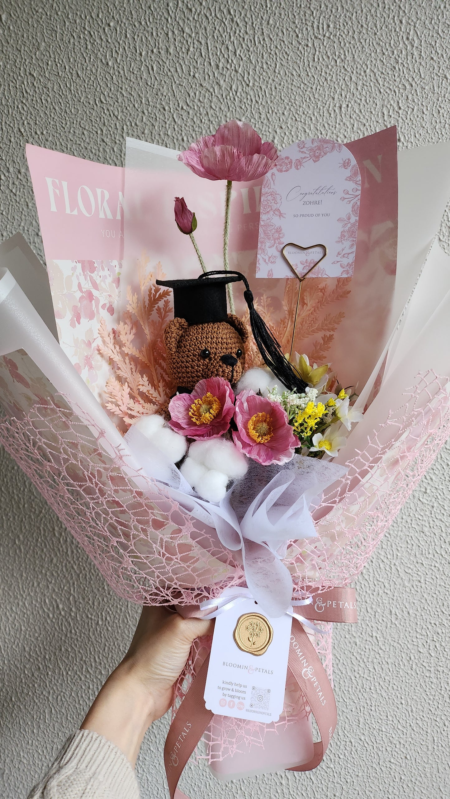 Crochet teddy bear graduation flower bouquet